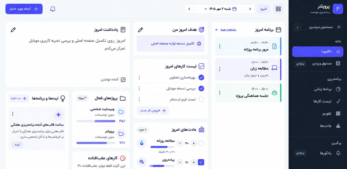 داشبورد پروپلنر شامل برنامه‌های امروز، لیست کارها، پروژه‌ها و عادت‌های روزانه